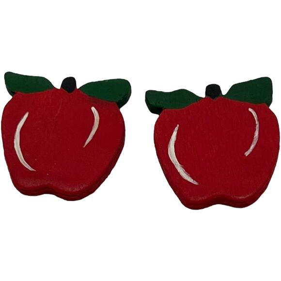 Hand Painted Wooden Red Apple Earrings Teacher Gift Vintage Style Post Earrings - Picture 3 of 8